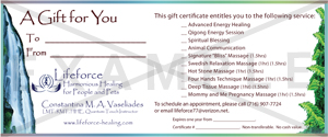 Gift Certificates from Lifeforce Harmonious Healing for People and Pets